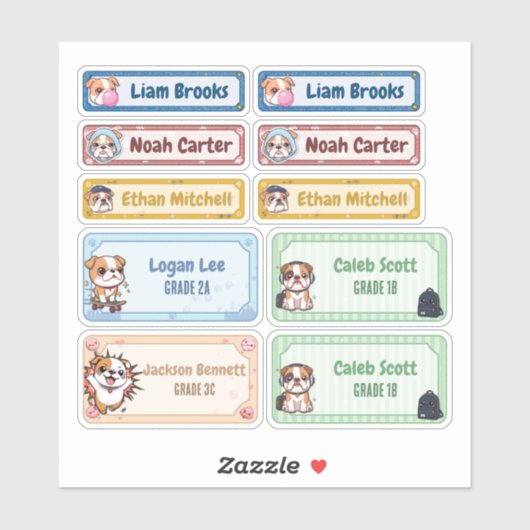 パーソナライズされたチビ（小さくかわいく書いた感じ）ブルドッグ名ラベル シール (シート)