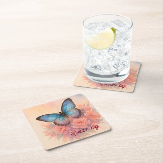 パーソナライズされたチャーミングな水彩ピンクの花のシック スクエアペーパーコースター (インサイチュ)