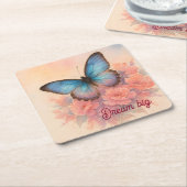 パーソナライズされたチャーミングな水彩ピンクの花のシック スクエアペーパーコースター (アングル)