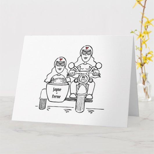 パーソナライズされたツブライドバイクもしくは自転車に乗る人バイク結婚ス カード (黄色い花)