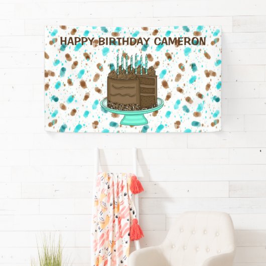 パーソナライズされたティール（緑がかった色）とブラウンドットハッピーバースデー 横断幕 (インサイチュ)