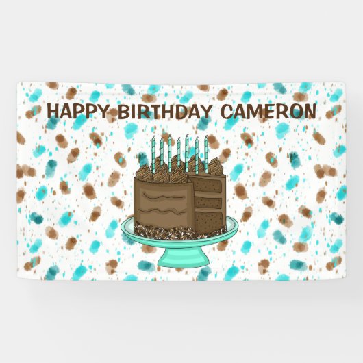 パーソナライズされたティール（緑がかった色）とブラウンドットハッピーバースデー 横断幕 (横)