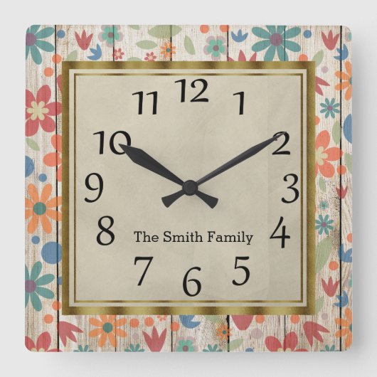 パーソナライズされたティール（緑がかった色）オレンジレッドフローラオングレーウッド スクエア壁時計 (正面)