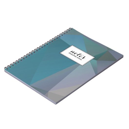 パーソナライズされたティール(緑がかった色)グレーの幾何形状パターン ノートブック (左側)