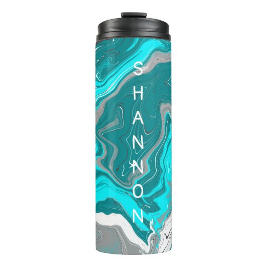 パーソナライズされたティール(緑がかった色)、ターコイズ大理石の流体アート タンブラー (正面)