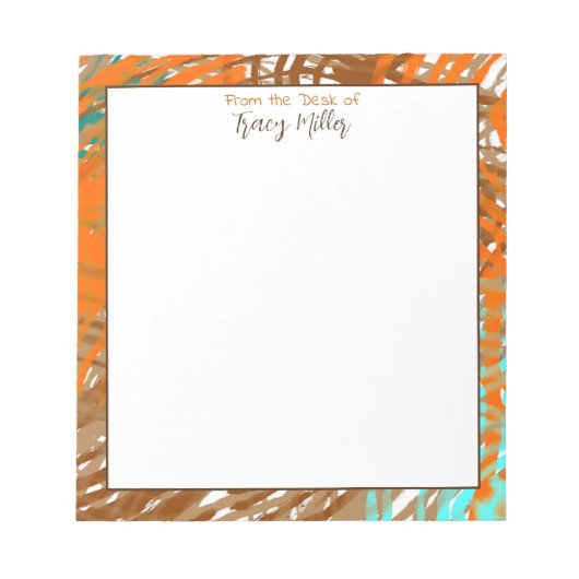 パーソナライズされたティール(緑がかった色)、ブラウン、オレンジの抽象芸術 ノートパッド (正面)