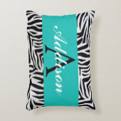 パーソナライズされたティール（緑がかった色）ブルーとゼブラ印刷 アクセントクッション (正面(垂直))