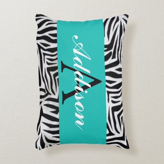 パーソナライズされたティール（緑がかった色）ブルーとゼブラ印刷 アクセントクッション (正面(垂直))