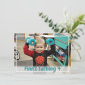 パーソナライズされたティール（緑がかった色）ブルーボーイズフォト誕生日 招待状 (スタンド正面)