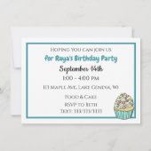 パーソナライズされたティール（緑がかった色）ブルーボーイズフォト誕生日 招待状 (裏面)