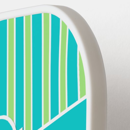 パーソナライズされたティール（緑がかった色）、ライムダマスク、モノグラストライプム ピックルボールラケット (左詳細)