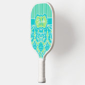 パーソナライズされたティール(緑がかった色)、ライムダマスク、モノグラストライプム ピックルボールラケット (左)
