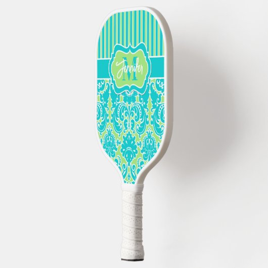 パーソナライズされたティール（緑がかった色）、ライムダマスク、モノグラストライプム ピックルボールラケット (左)