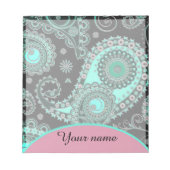 パーソナライズされたティール(緑がかった色)及びピンクペイズリー ノートパッド (正面)