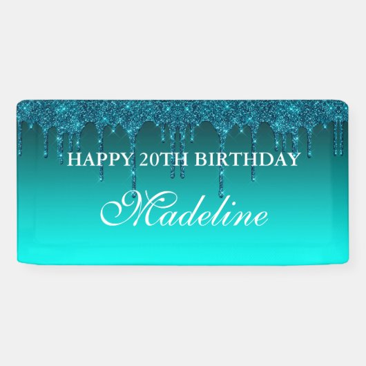 パーソナライズされたティール（緑がかった色）滴下グリッター誕生日バナー 横断幕 (横)