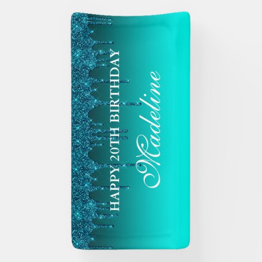 パーソナライズされたティール（緑がかった色）滴下グリッター誕生日バナー 横断幕