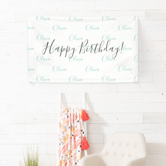 パーソナライズされたティール(緑がかった色)緑の誕生日名バナー 横断幕 (インサイチュ)