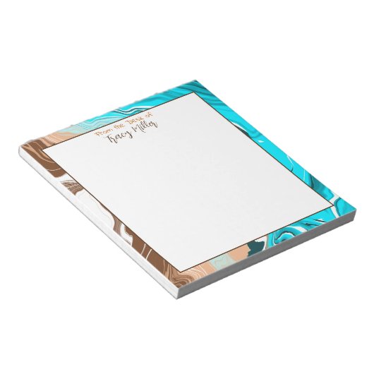 パーソナライズされたティール(緑がかった色)、青と茶色の大理石の流体アート ノートパッド (アングル)