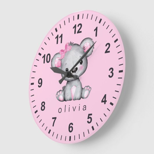 パーソナライズされたテディベア 赤ちゃん 女の子 ピンク ラージ壁時計 (傾斜)