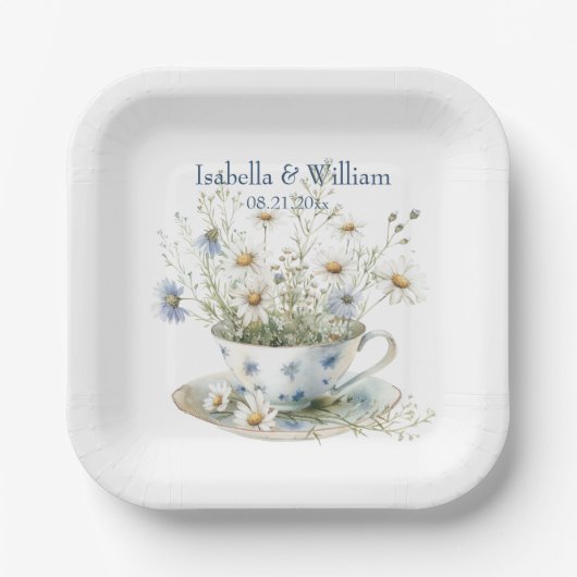 パーソナライズされたデイジー&アレーブルーデニムの花 ペーパープレート (正面)