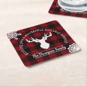 パーソナライズされたトナカイ赤と黒バッファローのプレイド スクエアペーパーコースター (アングル)
