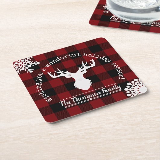 パーソナライズされたトナカイ赤と黒バッファローのプレイド スクエアペーパーコースター (アングル)