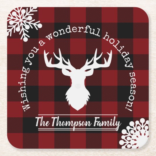 パーソナライズされたトナカイ赤と黒バッファローのプレイド スクエアペーパーコースター (正面)