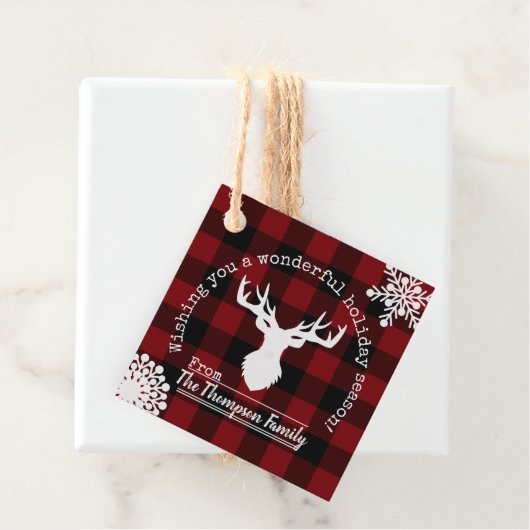 パーソナライズされたトナカイ赤と黒バッファローのプレイド フェイバータグ (インサイチュ)