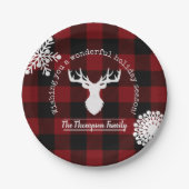 パーソナライズされたトナカイ赤と黒バッファローのプレイド ペーパープレート (正面)