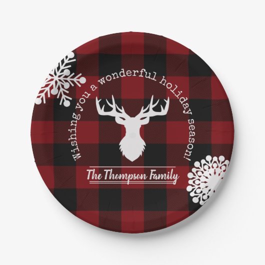 パーソナライズされたトナカイ赤と黒バッファローのプレイド ペーパープレート (正面)
