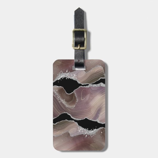 パーソナライズされたトープ&ブラックアガテシルバーグリッター ラゲッジタグ (正面縦)