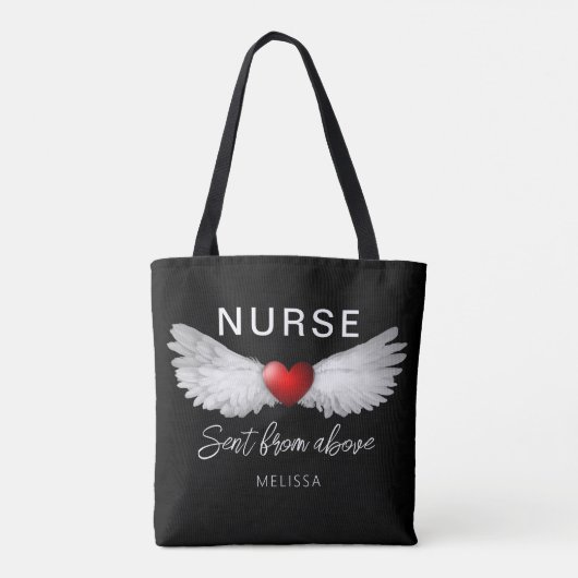 パーソナライズされたナースメディカルエンジェルウィング赤いハート トートバッグ (裏面)