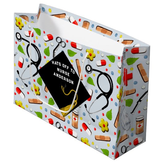 パーソナライズされたナース卒業 ラージペーパーバッグ (正面アングル)