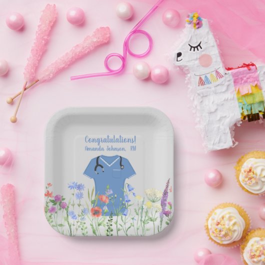 パーソナライズされたナースRN LPN NP青スクラブ ペーパープレート (パーティー)