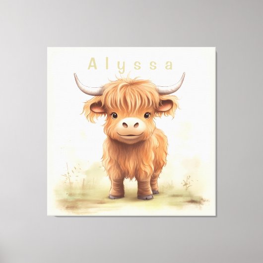 パーソナライズされたハイランド牛子供部屋ウォールアート キャンバスプリント (正面)