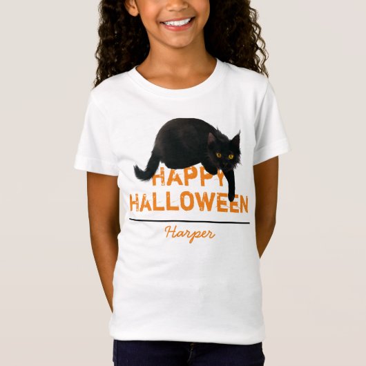 パーソナライズされたハッピーハローウィン黒猫 Tシャツ (正面)