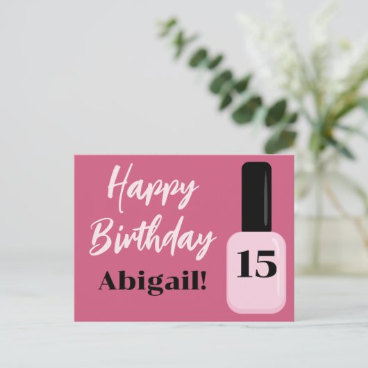 パーソナライズされたハッピーバースデイトレンドピンクネイルポリッシュ ポストカード (スタンド正面)