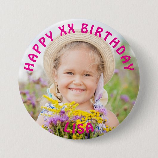 パーソナライズされたハッピーバースデーの写真の名前と年齢 缶バッジ (正面)