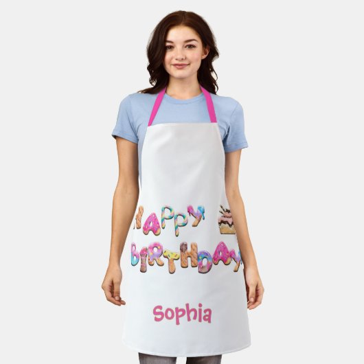 パーソナライズされたハッピーバースデーカラフル エプロン (着用した状態)