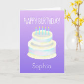 パーソナライズされたハッピーバースデーケーキパープル カード (黄色い花)