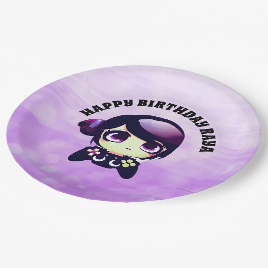 パーソナライズされたハッピーバースデーゲームをテーマにした紫 ペーパープレート (アングル)