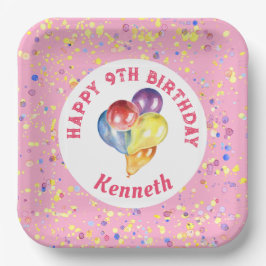 パーソナライズされたハッピーバースデーピンク紙吹雪バルーン ペーパープレート