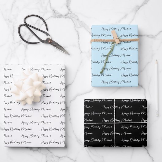 パーソナライズされたハッピーバースデーブルー、白黒 ラッピングペーパーシート (正面)