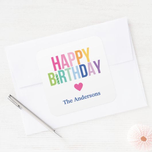 パーソナライズされたハッピーバースデーレインボーステッカーラベル スクエアシール (封筒)