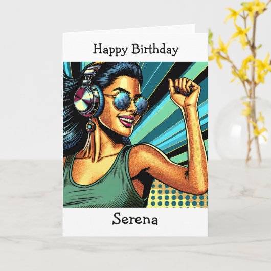 パーソナライズされたハッピーバースデー |アポップ・アートのートミュージック愛好家 カード (黄色い花)