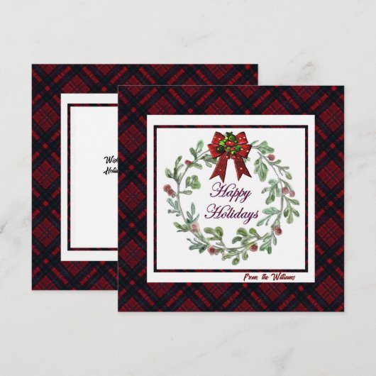 パーソナライズされたハッピーホリデイズレッドプレイド シーズンカード (正面/裏面)