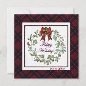 パーソナライズされたハッピーホリデイズレッドプレイド シーズンカード (正面)