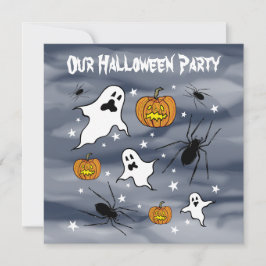 パーソナライズされたハロウィンのおばけ、かぼちゃ、クモ 招待状