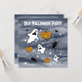 パーソナライズされたハロウィンのおばけ、かぼちゃ、クモ 招待状