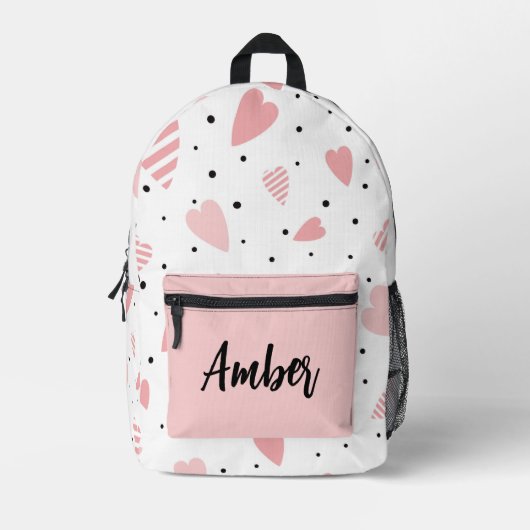 パーソナライズされたハートと水玉模様 プリントバックパック (正面)